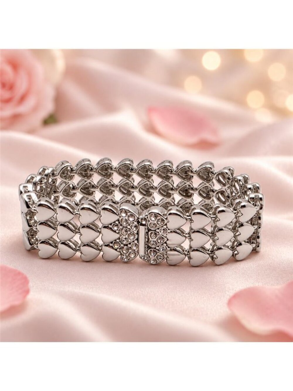 Silver Tone Clear CZ Three Row Puffy Heart Link Bracelet 7.5 In 21mm Wide